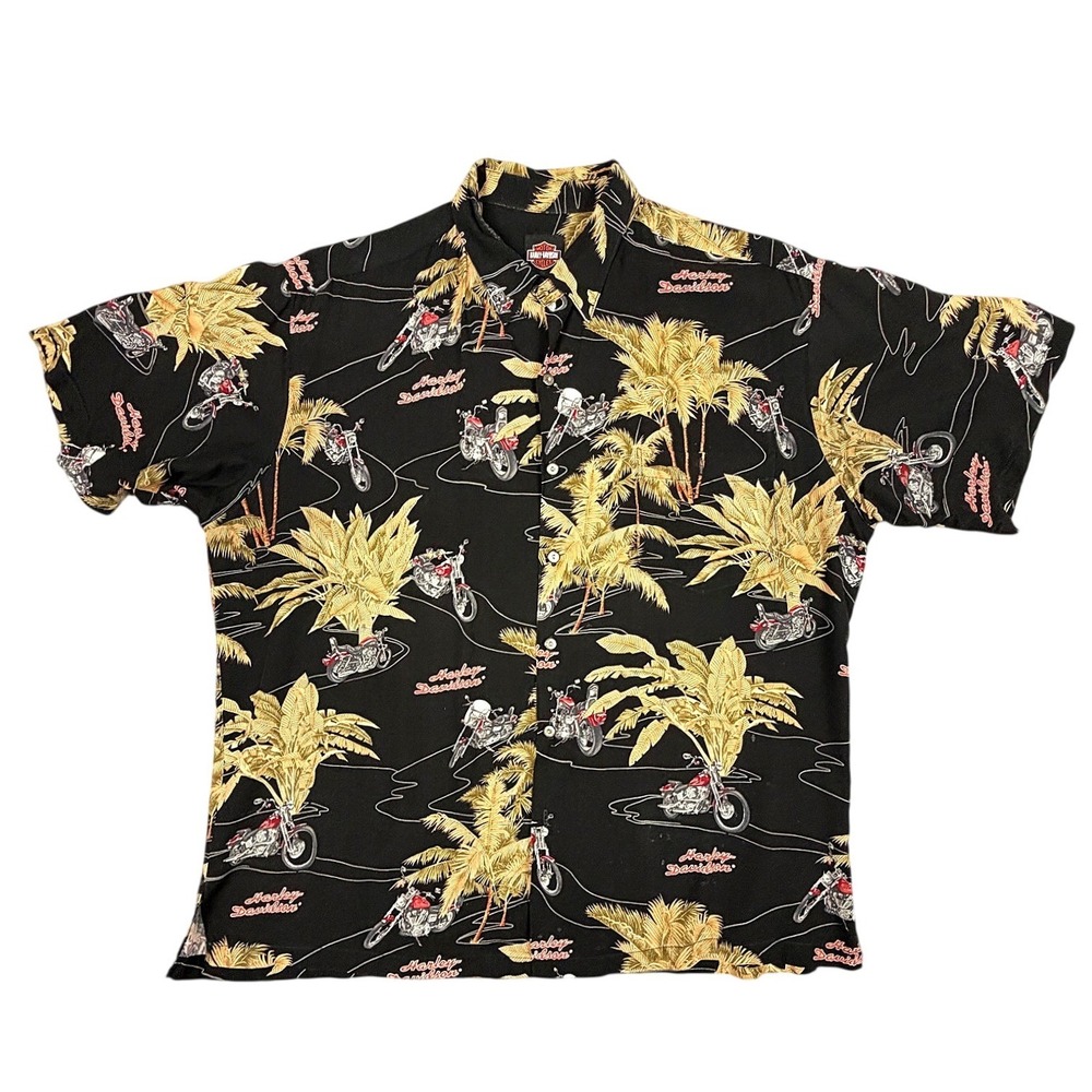 Harley-Davidson Men XL Black Tropical Palm Motorcycle Button Up Shirt 040-1351